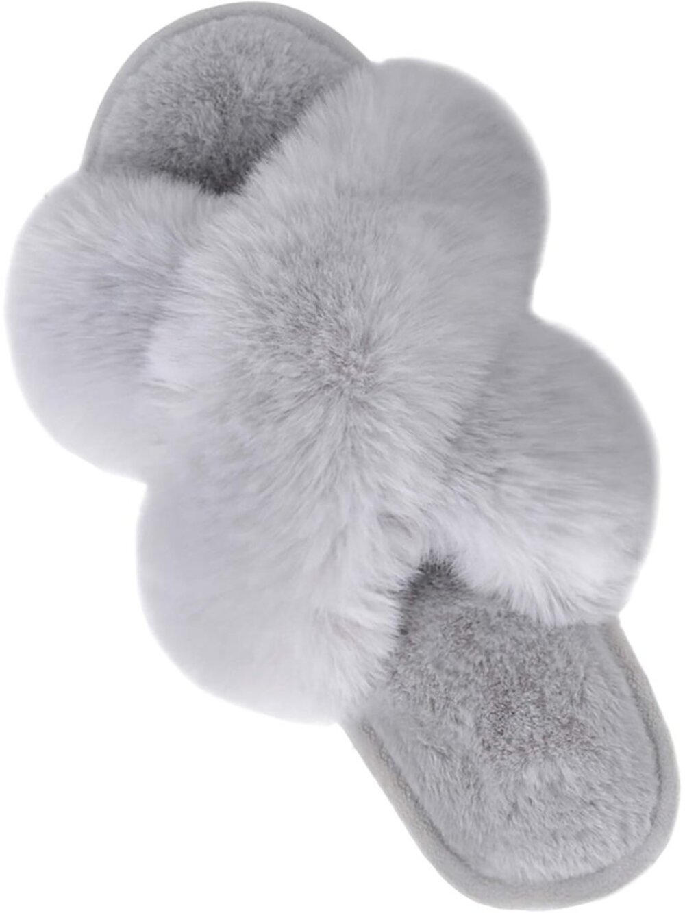 Women's Light Grey Fuzzy Cross Band Slippers Memory Foam House Shoes Slip On